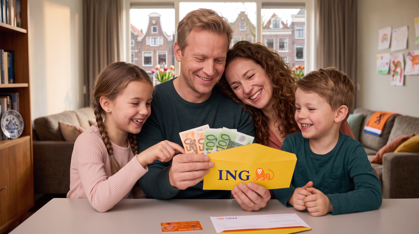 Gezin bekijkt een envelop met besparingsinformatie aan tafel
